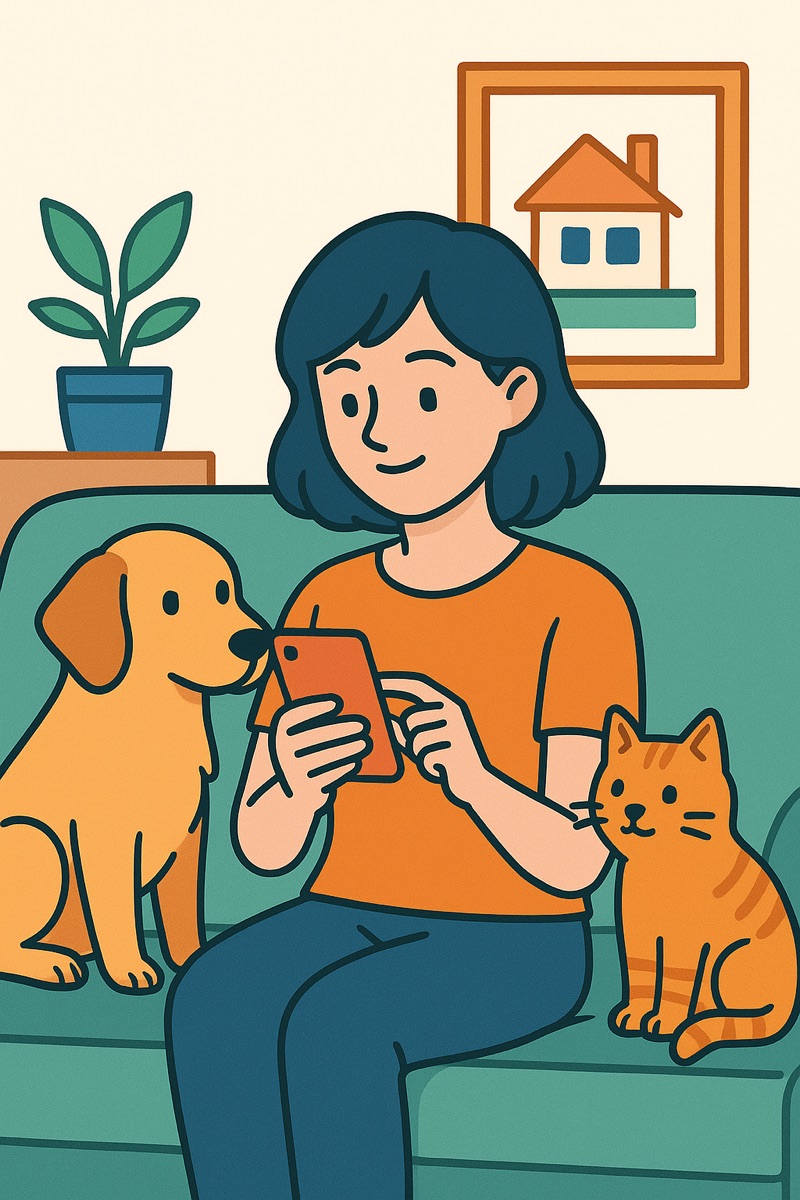 ソファで犬と猫と一緒にくつろぐ女性のイラスト